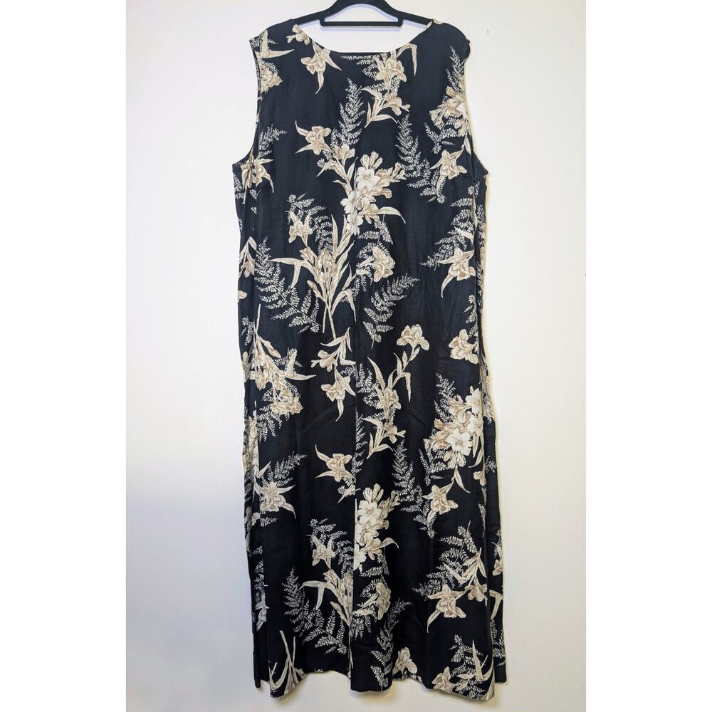 Vintage Linen Blend Black Floral Midi Dress Minimalist Cottagecore 20 Resortwear - Picture 2 of 6